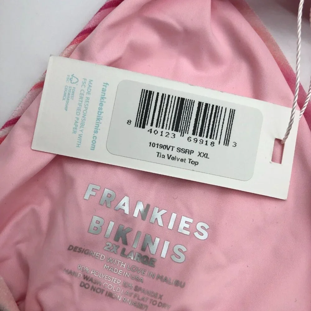 Frankies Bikinis Tia Velvet Bikini Top Halter Tie Back Solar Stripe Pink XXL
